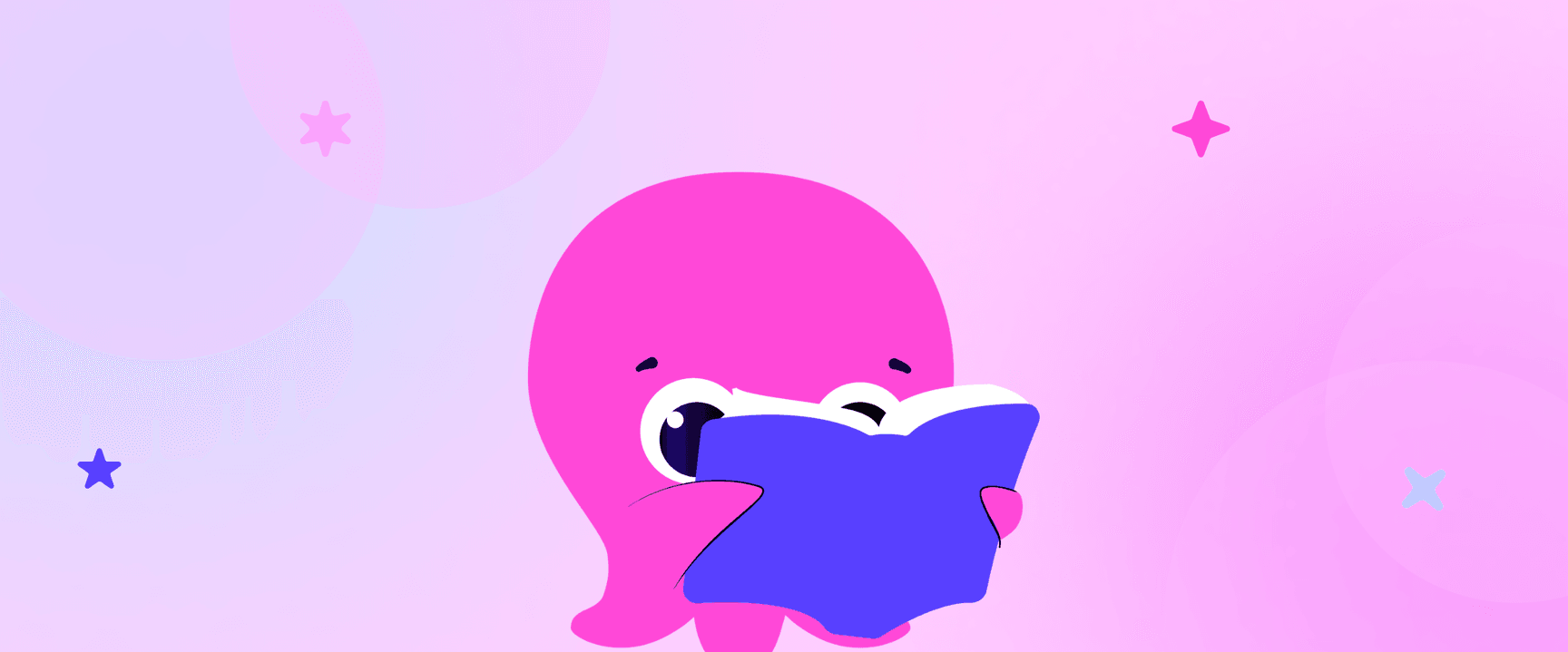 Une adorable pieuvre rose en train de lire un livre bleu sur un fond rose pâle et violet orné de motifs en forme d'étoiles.