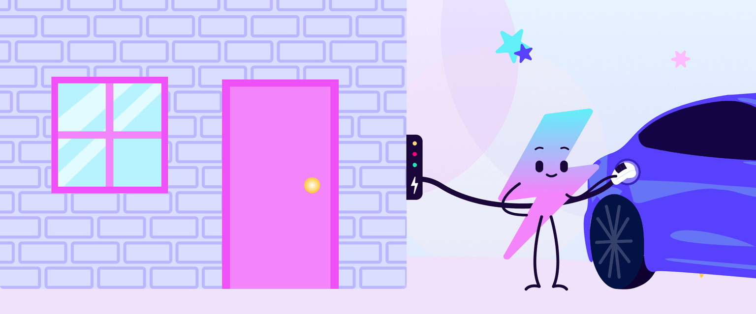 Scena di cartone animato. Personaggio sorridente a forma di fulmine che utilizza la ricarica bidirezionale per alimentare una casa con la batteria di un'auto elettrica.