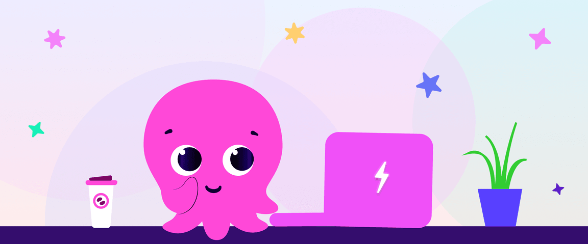 A cute pink octopus with a smiling expression sits between a coffee cup and a pink laptop, with colourful stars in the background.