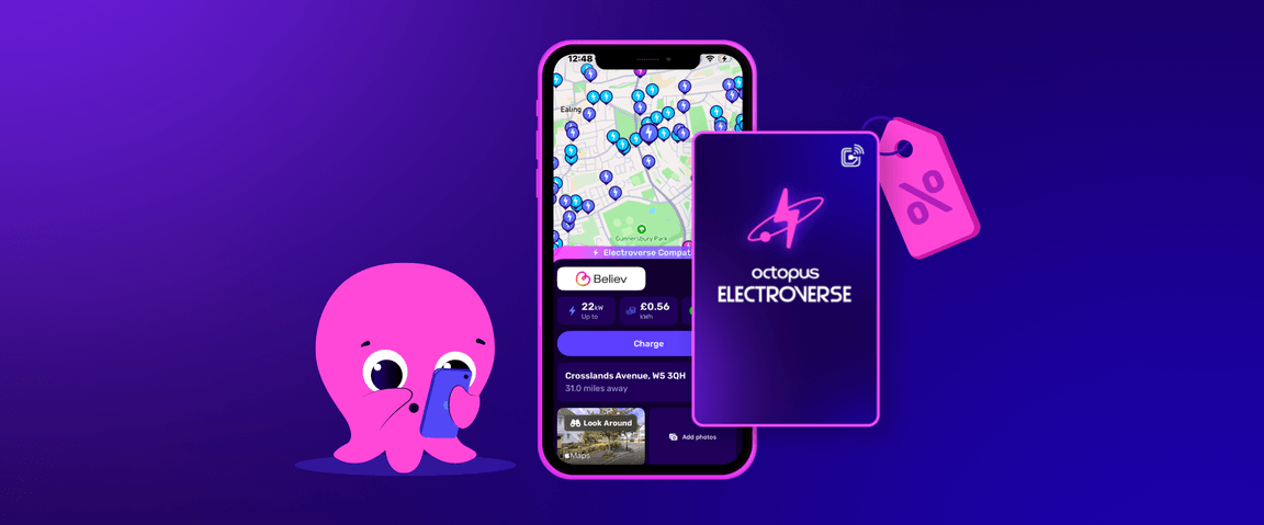 Cute octopus next to smartphone with colorful map, showcasing Octopus Electroverse app. Purple theme with pricing details and a charging card.