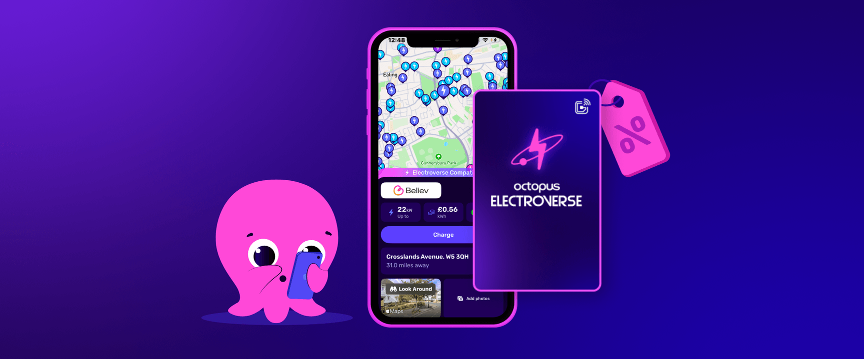 Cute octopus next to smartphone with colorful map, showcasing Octopus Electroverse app. Purple theme with pricing details and a charging card.