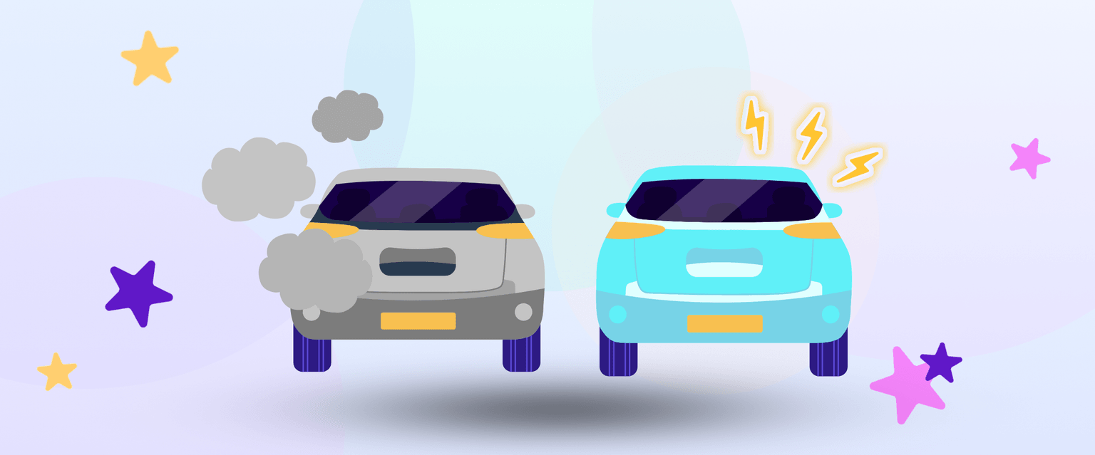 Illustration d'une voiture grise émettant des gaz d'échappement et d'une voiture électrique bleue ornée de symboles représentant des éclairs, entourées d'étoiles colorées.
