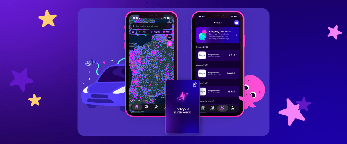 Deux smartphones affichant l'interface colorée de l'application de recharge pour véhicules électriques Electroverse, avec un thème violet et des graphismes représentant une voiture électrique et une pieuvre en arrière-plan.