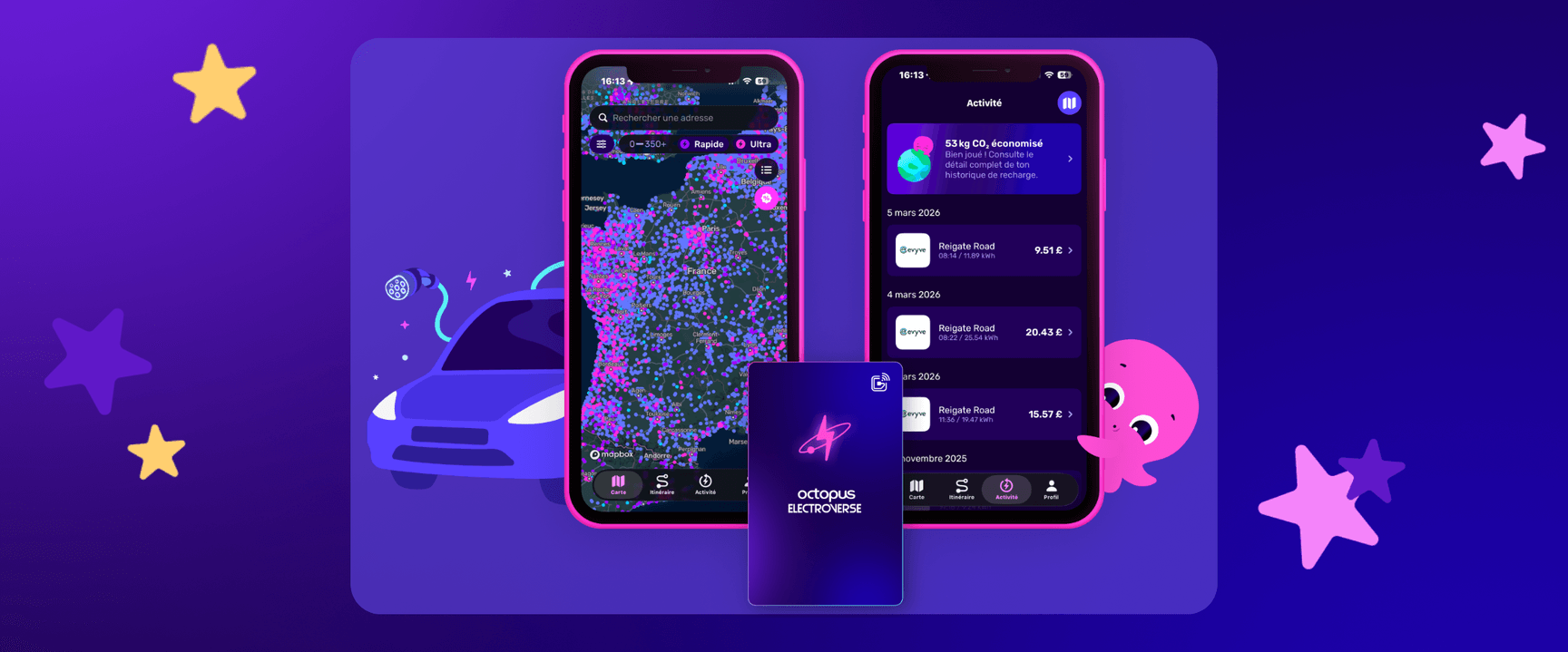 Deux smartphones affichant l'interface colorée de l'application de recharge pour véhicules électriques Electroverse, avec un thème violet et des graphismes représentant une voiture électrique et une pieuvre en arrière-plan.