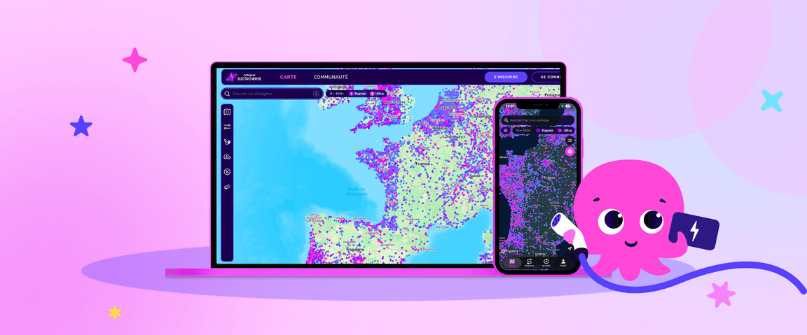 Un ordinateur portable et un smartphone affichent une carte détaillée indiquant les points de recharge, tandis qu'une adorable pieuvre rose tient un chargeur sur un fond coloré.