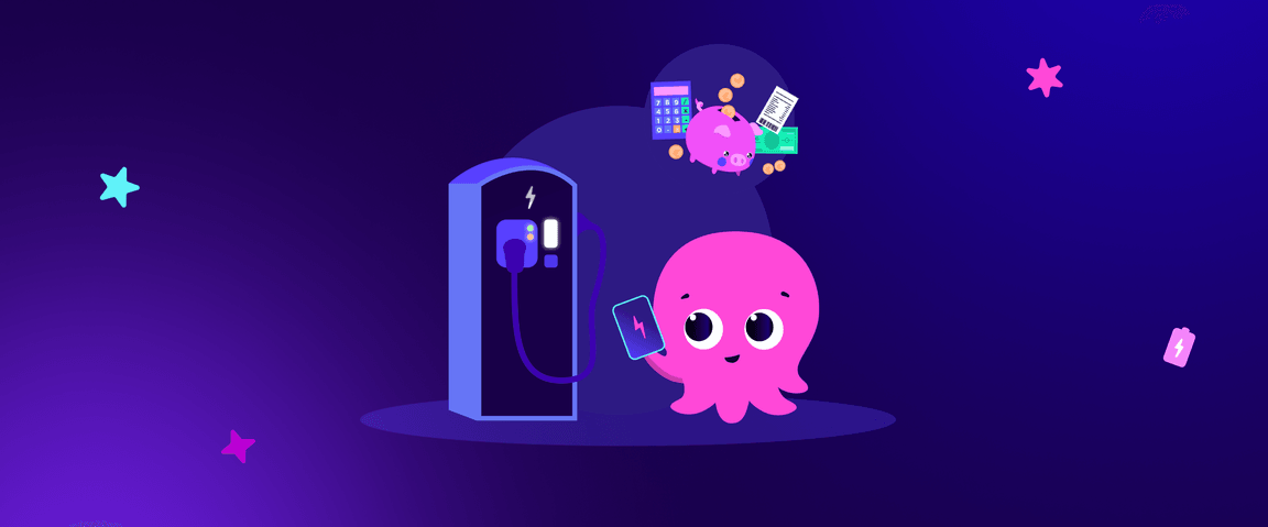 Cute pink octopus with a smartphone, standing by an electric charging station with a piggy bank, calculator, and money floating nearby.