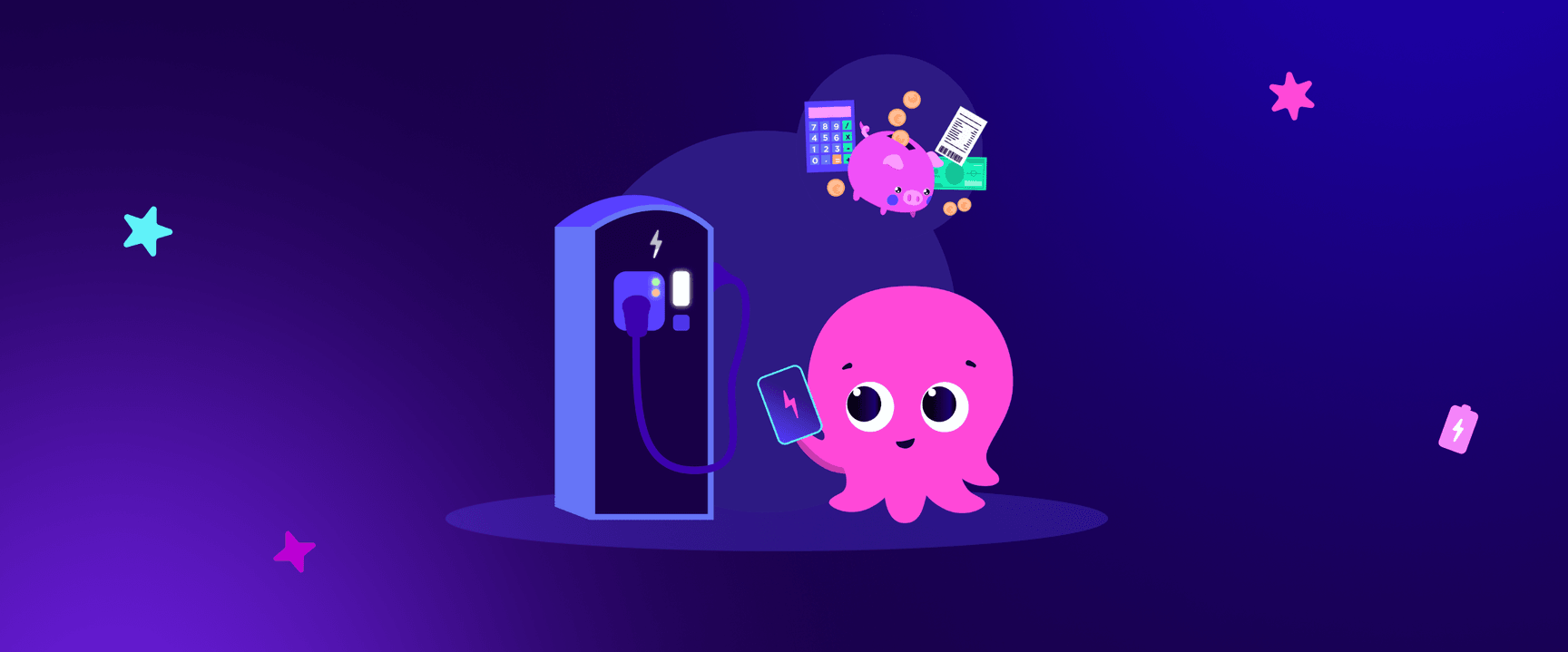 Cute pink octopus with a smartphone, standing by an electric charging station with a piggy bank, calculator, and money floating nearby.