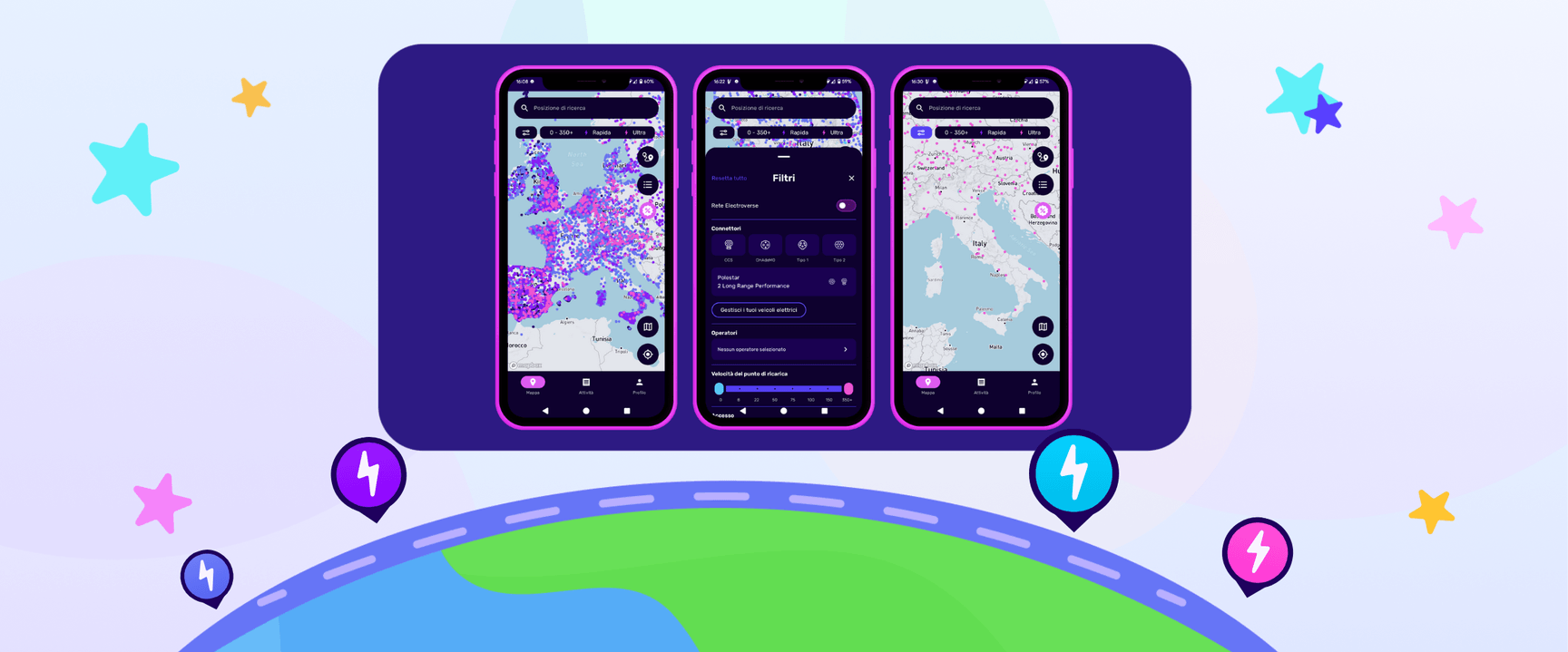 Tre smartphone mostrano un'app dal tema viola che riproduce mappe dell'Europa, circondate da stelle colorate e icone di ricarica su un globo stilizzato.
