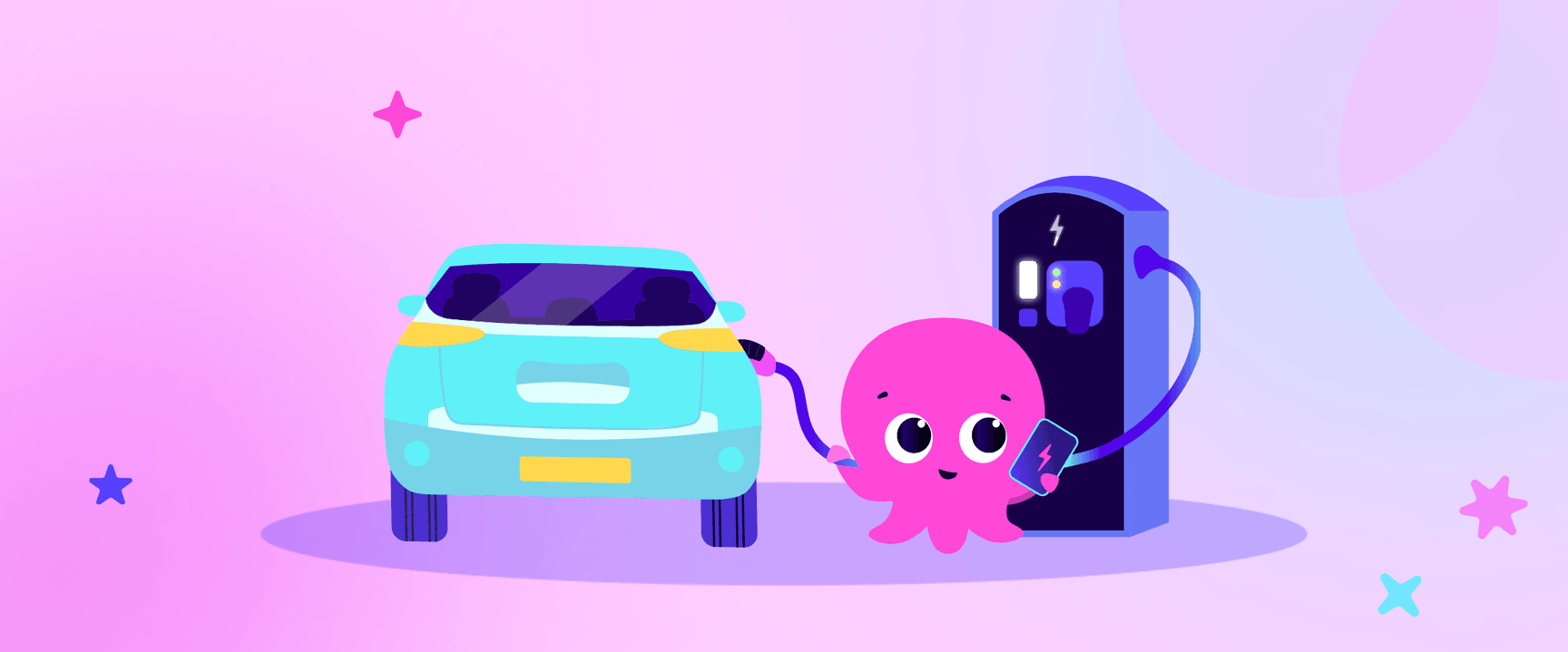 Une adorable pieuvre rose recharge une voiture électrique à une borne de recharge, sur un fond aux couleurs pastel parsemé d'étoiles.