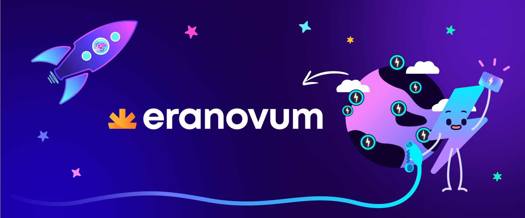 Una ilustración digital con un cohete, la Tierra y un personaje que sostiene un teléfono, con el texto "eranovum" sobre un fondo morado.