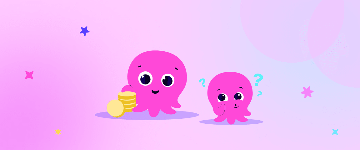 Two pink cartoon octopuses on a pastel background. One holds coins, the other looks puzzled with question marks above.