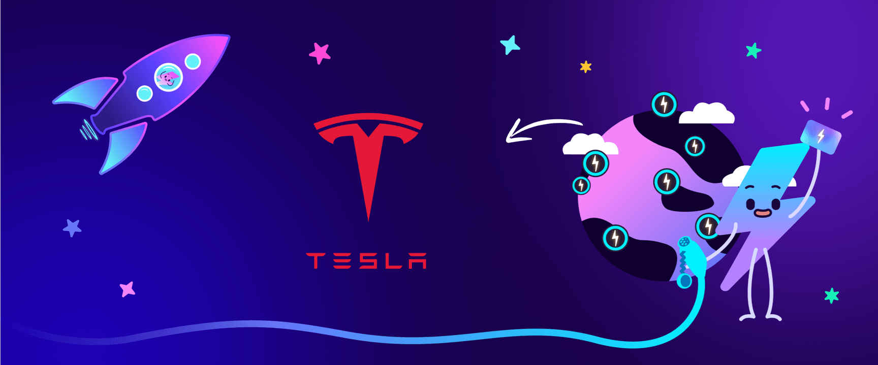 Un razzo, il logo Tesla e un personaggio dei cartoni animati che ricarica un globo con un telefono, su uno sfondo viola stellato.