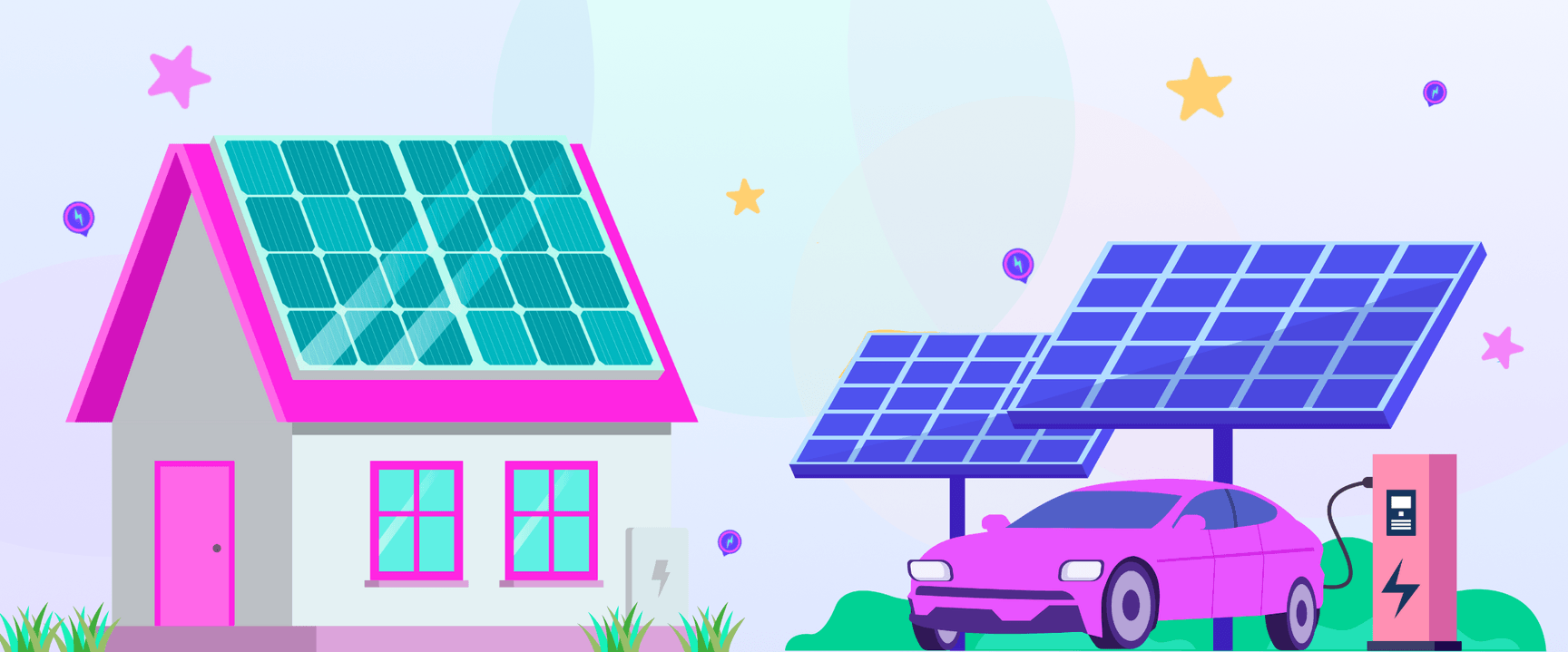 Illustrazione di una casa con pannelli solari, un'auto rosa in ricarica presso una stazione alimentata a energia solare e stelle nel cielo.