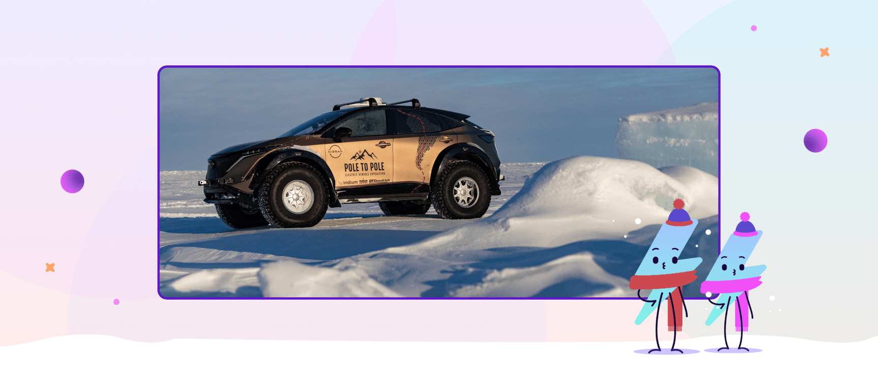 Pole to Pole electric vehicle with zap mascots in the snow