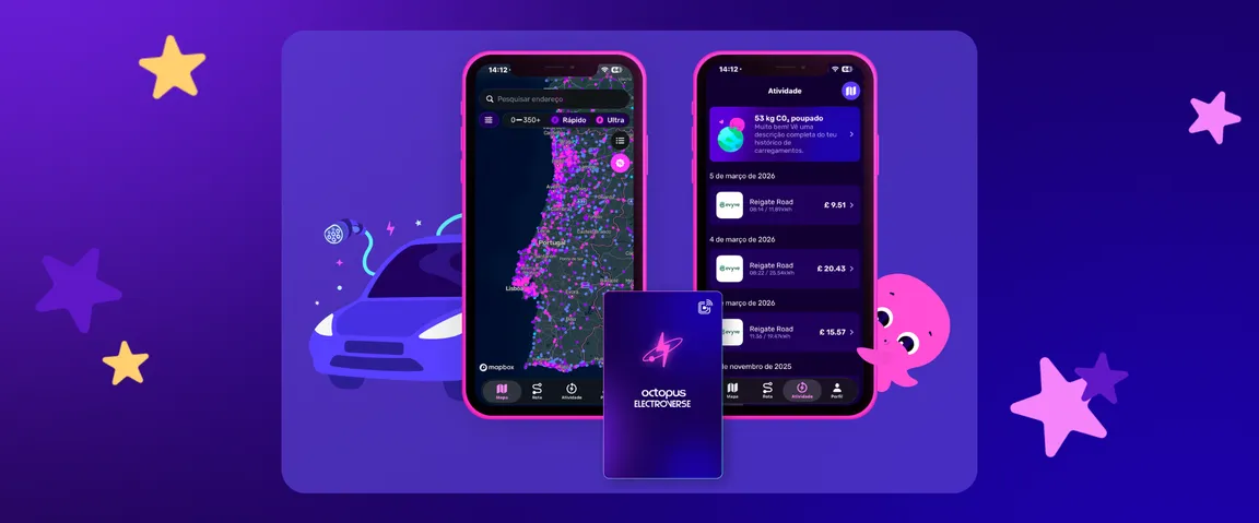 Ilustração de uma aplicação móvel que mostra um mapa de carregamento de veículos elétricos em Portugal, juntamente com o histórico de transações e um cartão roxo com um polvo de desenho animado.