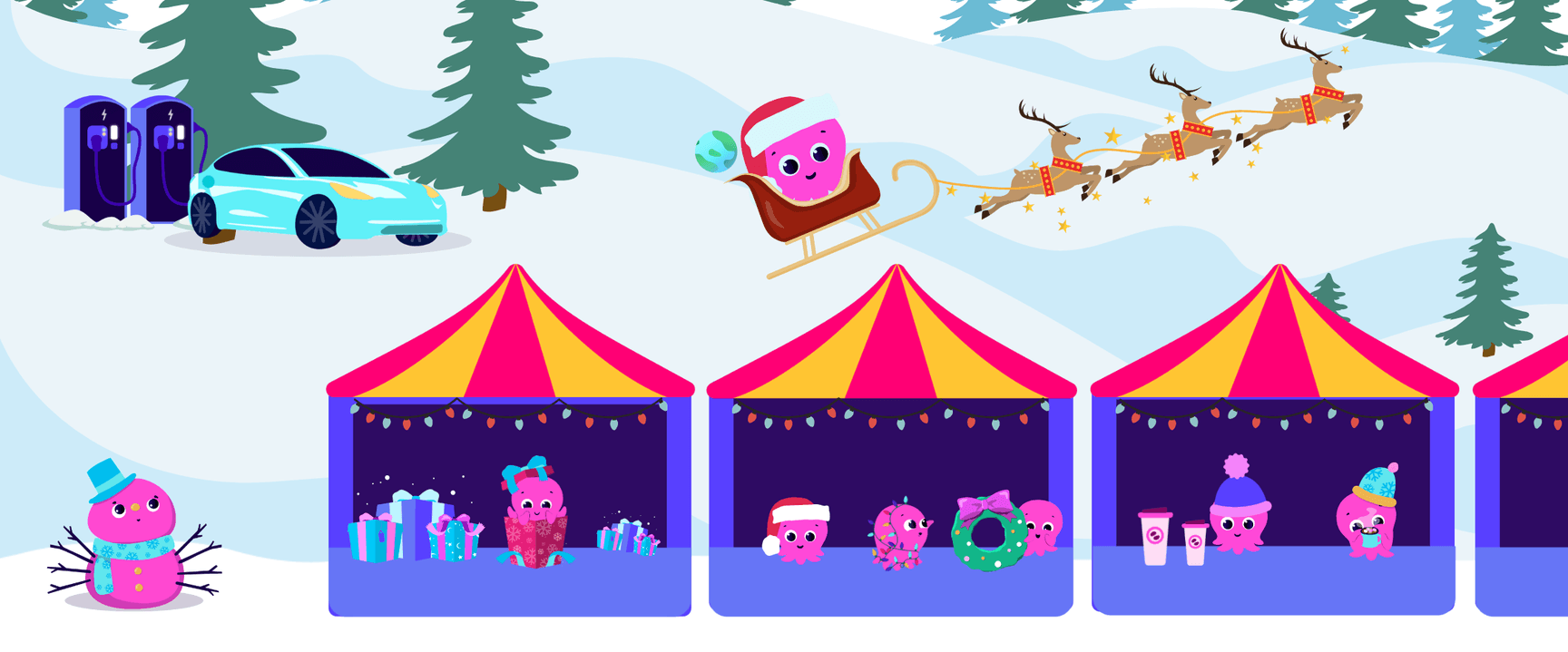 Verschneite Urlaubsszene: bunte Marktzelte mit rosa Oktopusfiguren, darüber der Schlitten des Weihnachtsmanns und Rentiere, ein Elektroauto-Ladestation und ein Schneemann.