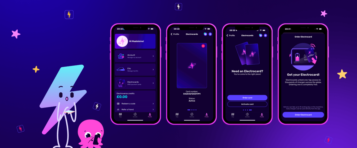 Electroverse mobile app interface with four screens showing a digital wallet and card features, set against a purple background with cartoon characters.