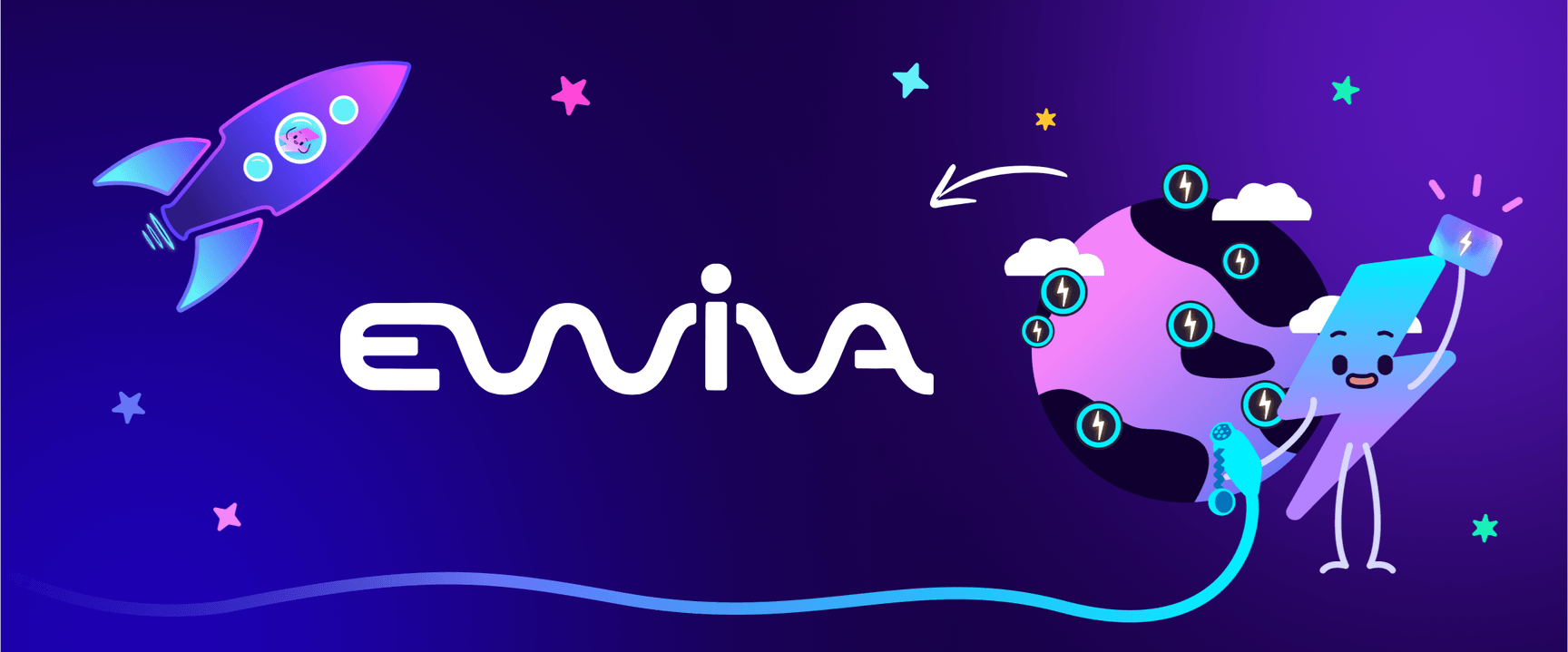 Un'illustrazione colorata e futuristica con un razzo, un globo stilizzato e un personaggio sorridente che tiene in mano una spina, su uno sfondo viola con il marchio “Ewiva”.