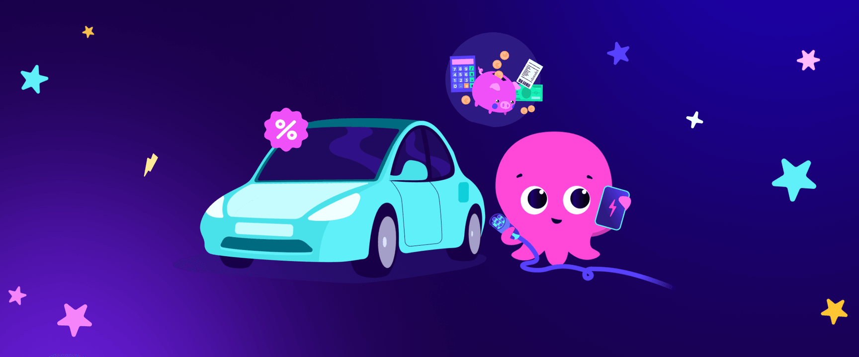 Une pieuvre de dessin animé tenant une calculatrice et un téléphone à côté d'une voiture, sur un fond bleu-violet parsemé d'étoiles et de symboles de pourcentage.