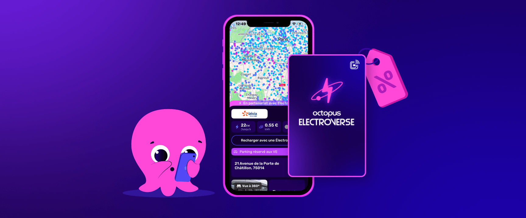 Une adorable pieuvre à côté d'un smartphone affichant une carte colorée présente l'application Octopus Electroverse. Thème violet avec les tarifs et une carte de recharge.
