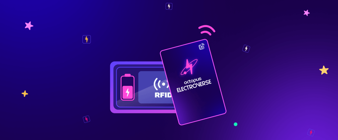 Illustration numérique d'une carte RFID arborant le logo « Octopus Electroverse », entourée de petites icônes sur fond violet.