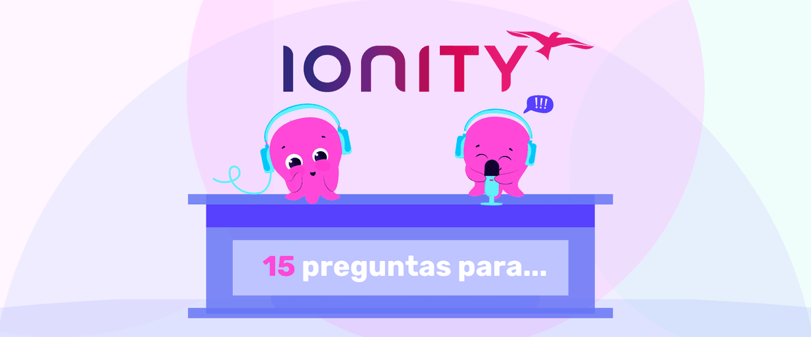 Dos personajes de dibujos animados rosas con auriculares en una mesa, uno con micrófono. Texto: "15 preguntas para..." y "IONITY" arriba.