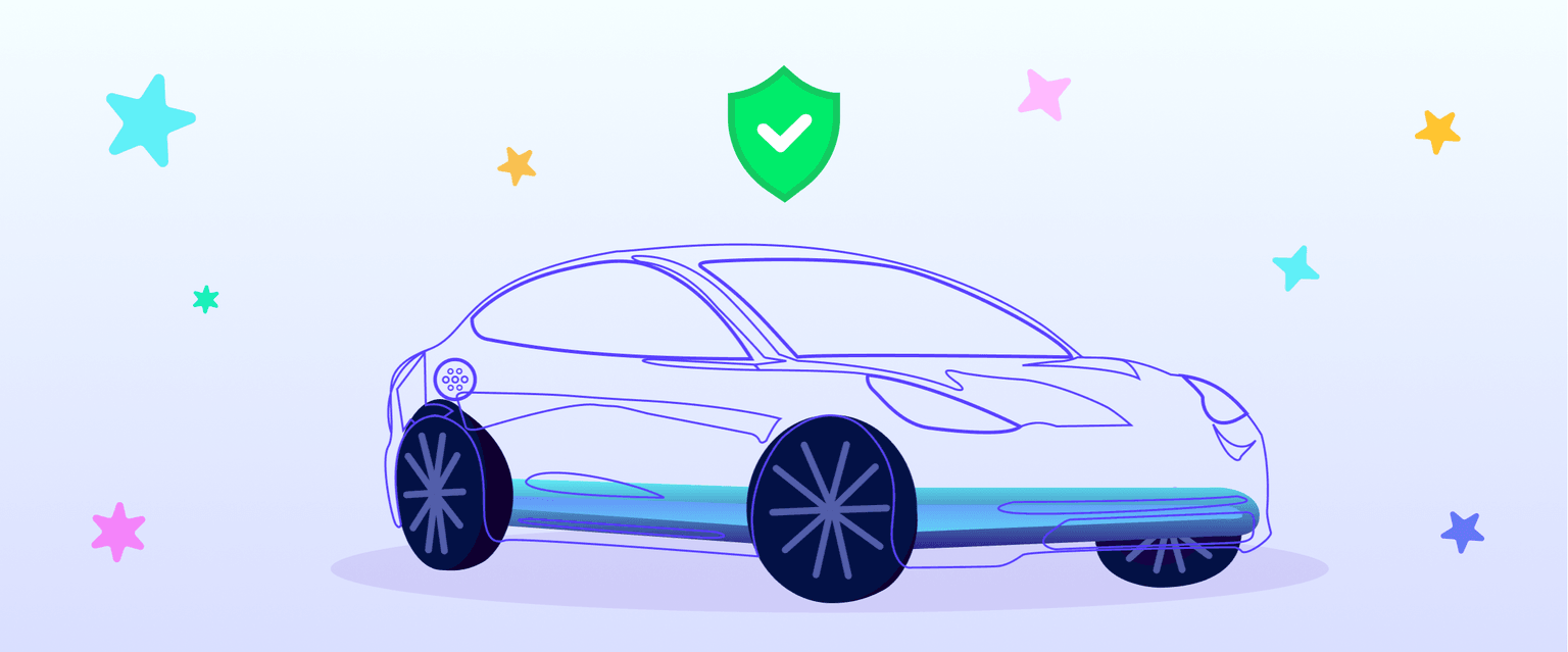 Illustrazione di una persona alla guida di un'auto blu elettrico su una strada con erba. A sinistra è presente un cartello con il simbolo del fuoco barrato.