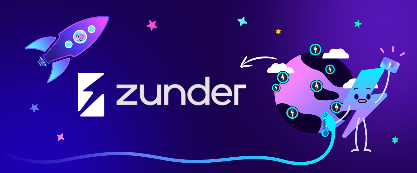 Illustration of a rocket, earth with charging stations, and a cheerful character holding a plug, with "zunder" text on a purple background.