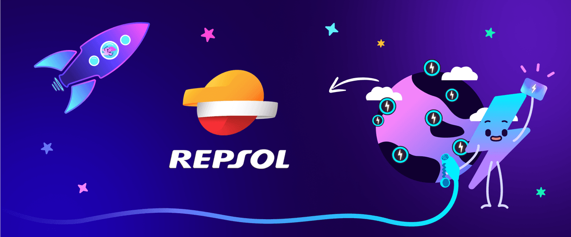 Ilustração de um foguete, logótipo da Repsol e uma personagem a ligar um cabo a um globo estilizado com ícones de energia, sobre um fundo roxo.