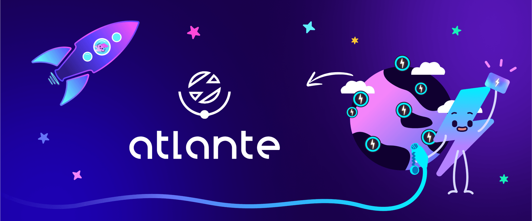 Um foguete roxo e uma personagem sorridente com um smartphone orbitam uma Terra estilizada. A palavra «atlante» é exibida em texto branco a negrito.