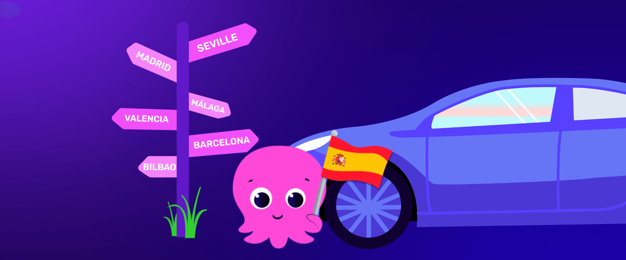 A cute pink octopus next to a car with a Spanish flag. A signpost points to various Spanish cities, including Madrid and Barcelona.