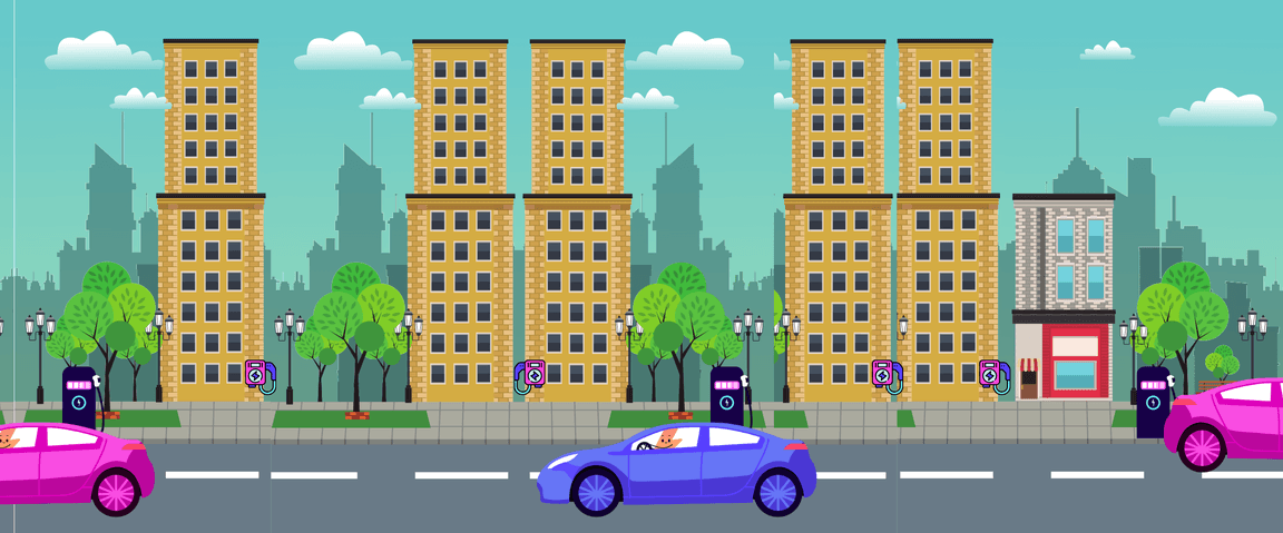 Ilustração de uma rua da cidade com carros coloridos, prédios altos, árvores e estações de carregamento sob um céu azul claro.