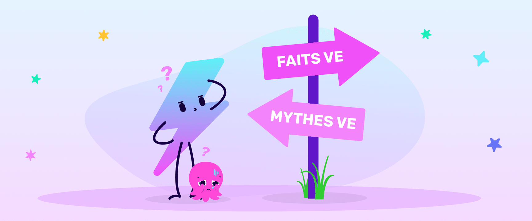 Image of Octopus Electroverse mascot looking confused at a road sign which reads EV Facts or EV Myths. Image de la mascotte Octopus Electroverse regardant avec confusion un panneau routier sur lequel est écrit Faits sur les véhicules électriques ou Mythes sur les véhicules électriques.