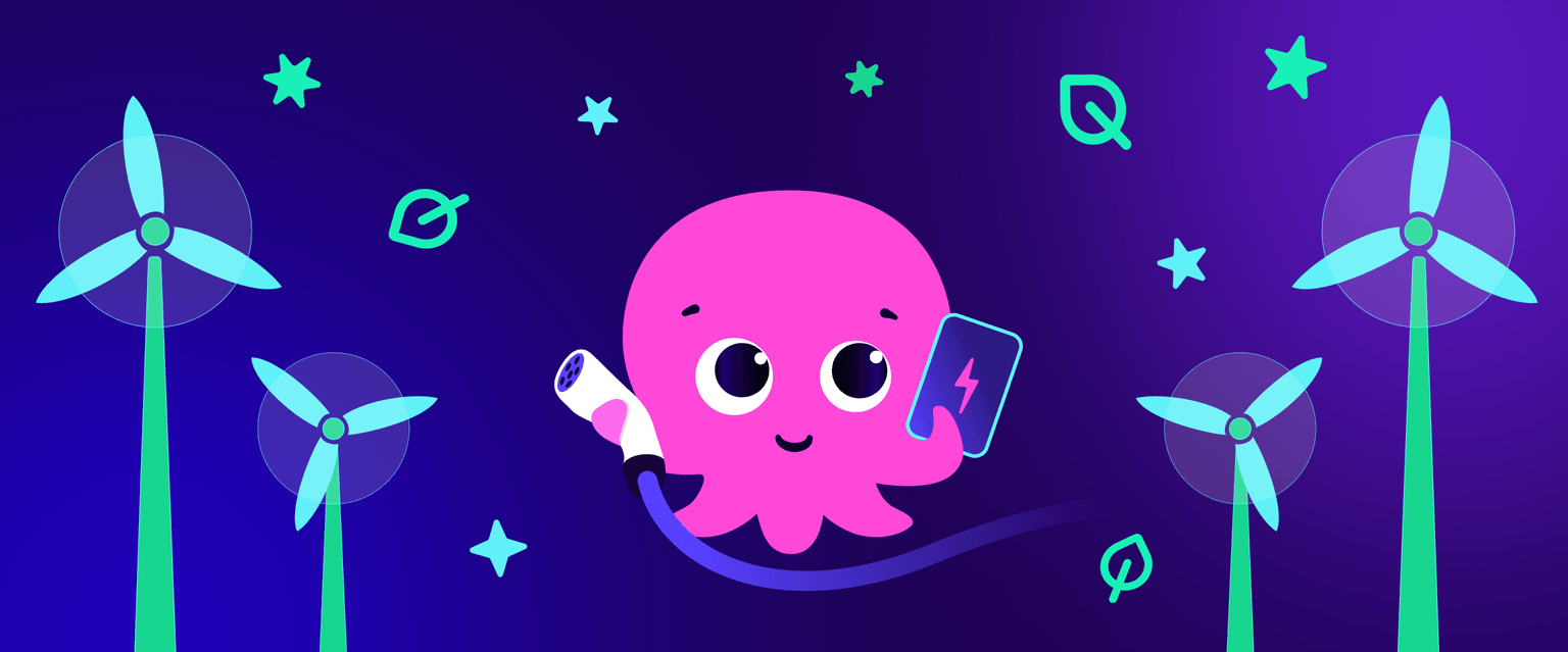 Un simpatico polpo rosa che tiene in mano una batteria e un telefono, circondato da turbine eoliche, stelle e foglie su uno sfondo blu scuro.