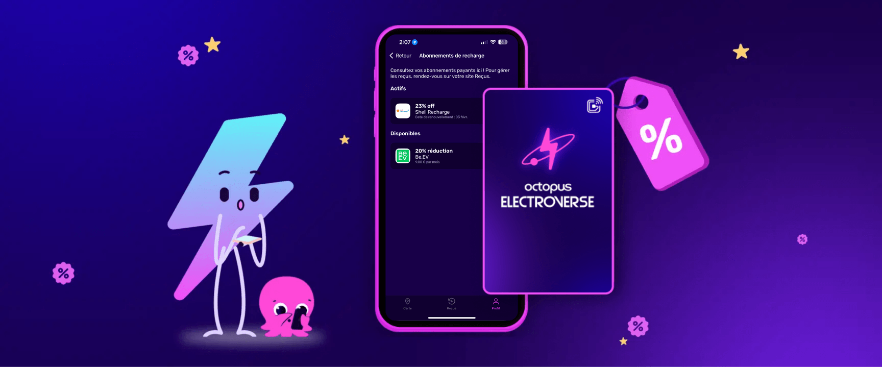 Un smartphone affichant une application recharge électrique avec un personnage représentant une pieuvre et un éclair sur un fond violet, à côté d'une carte intitulée « Octopus Electroverse ».