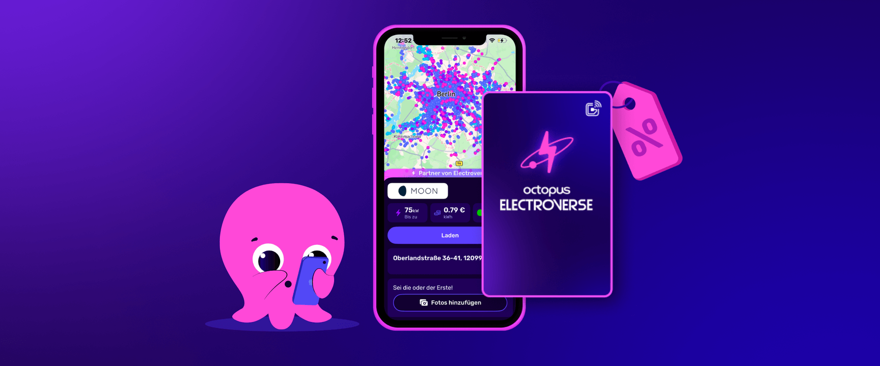 Ein niedlicher Oktopus neben einem Smartphone mit bunter Karte präsentiert die Octopus Electroverse App. Das Design ist lila und zeigt Preisinformationen sowie eine Ladekarte.