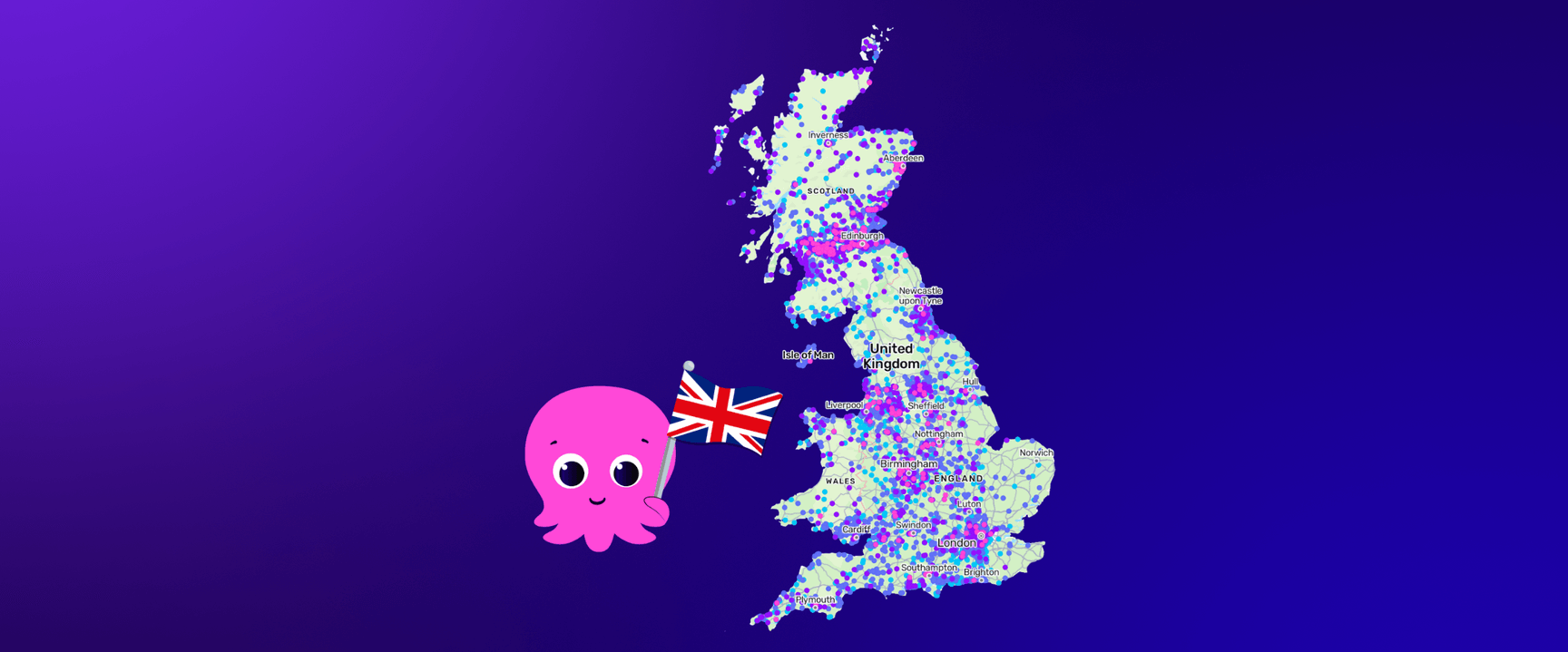 A cute pink octopus holding a UK flag is placed beside a map of the United Kingdom with colorful dots on a purple gradient background.