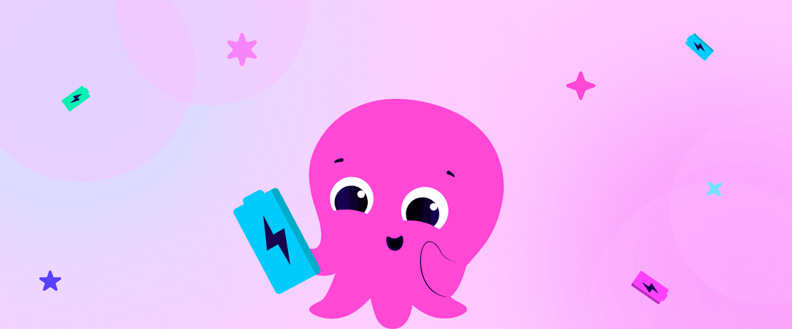 Une adorable pieuvre rose tenant une pile bleue sur un fond rose et violet, avec des étoiles et des petites piles qui flottent tout autour.