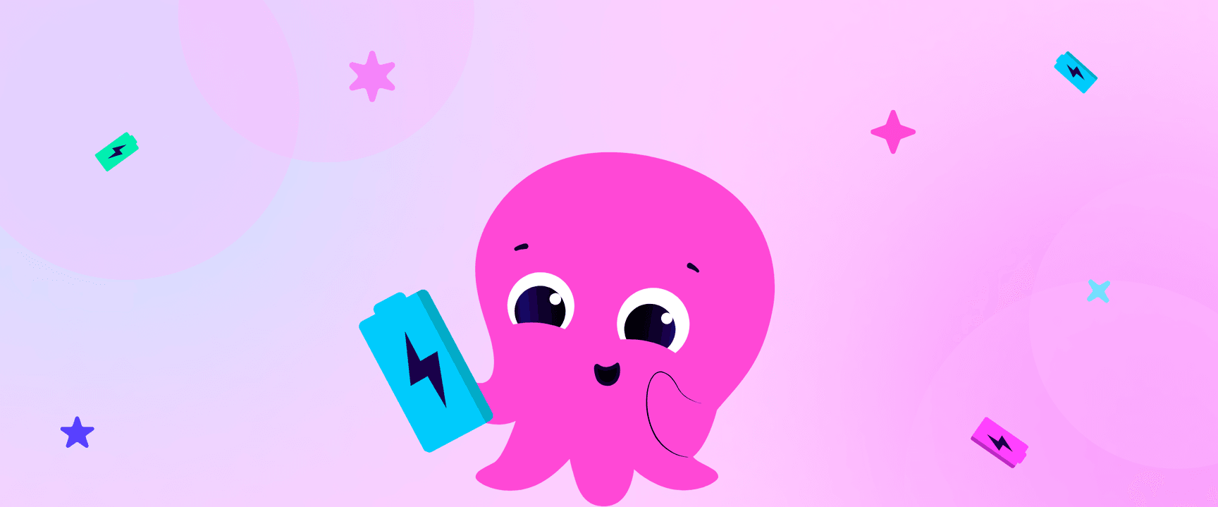 Une adorable pieuvre rose tenant une pile bleue sur un fond rose et violet, avec des étoiles et des petites piles qui flottent tout autour.