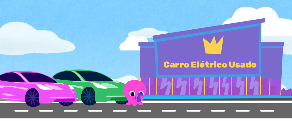 Concessionária de carros elétricos usados em desenho animado roxo (placa «Carro Elétrico Usado») com carros cor-de-rosa e verdes e um pequeno polvo cor-de-rosa a verificar um telemóvel.