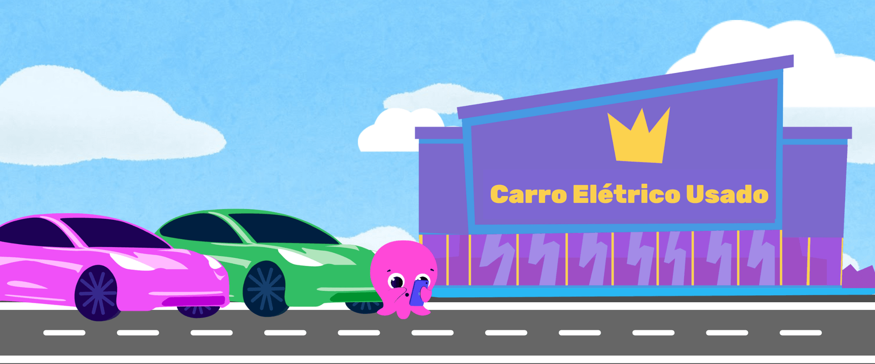 Concessionária de carros elétricos usados em desenho animado roxo (placa «Carro Elétrico Usado») com carros cor-de-rosa e verdes e um pequeno polvo cor-de-rosa a verificar um telemóvel.