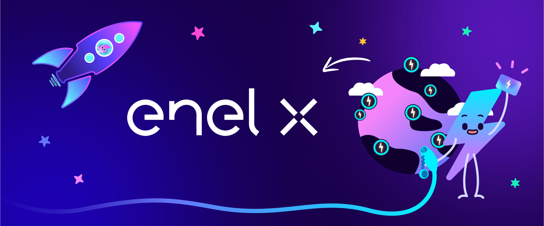 Illustrazione di un razzo, un globo terrestre e un personaggio sorridente con una spina su sfondo viola, con il logo “enel x”.