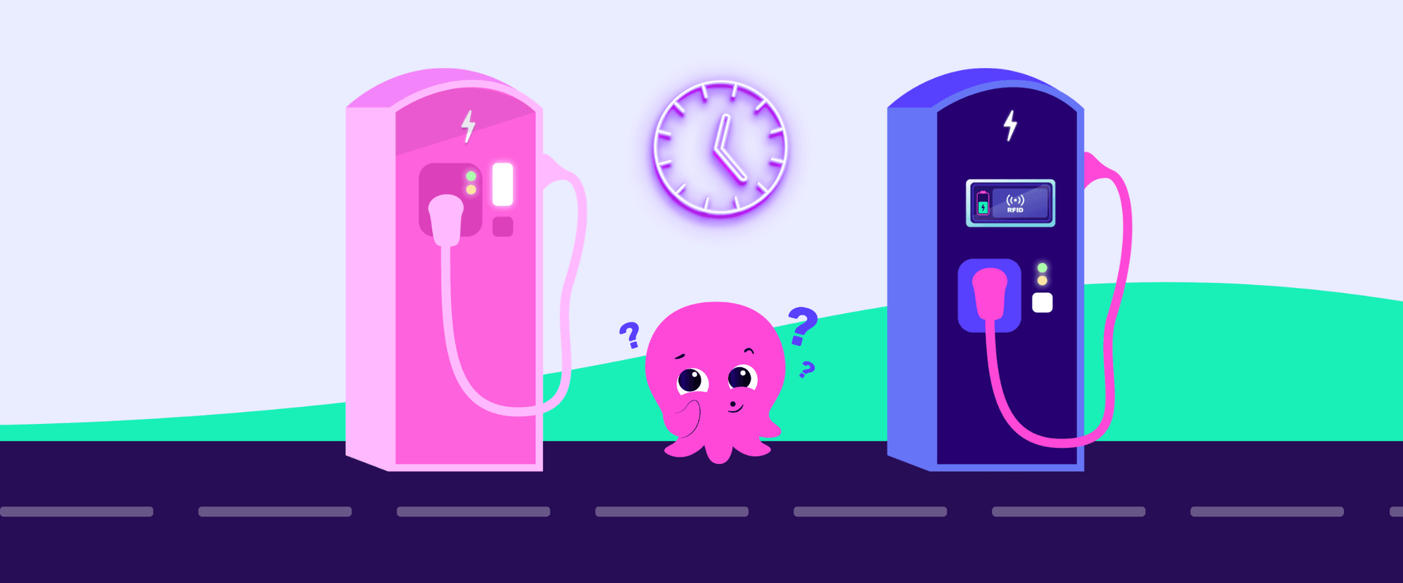 Un polipo confuso dei cartoni animati si trova tra un caricatore per veicoli elettrici rosa e uno blu, con un orologio viola sopra di loro.