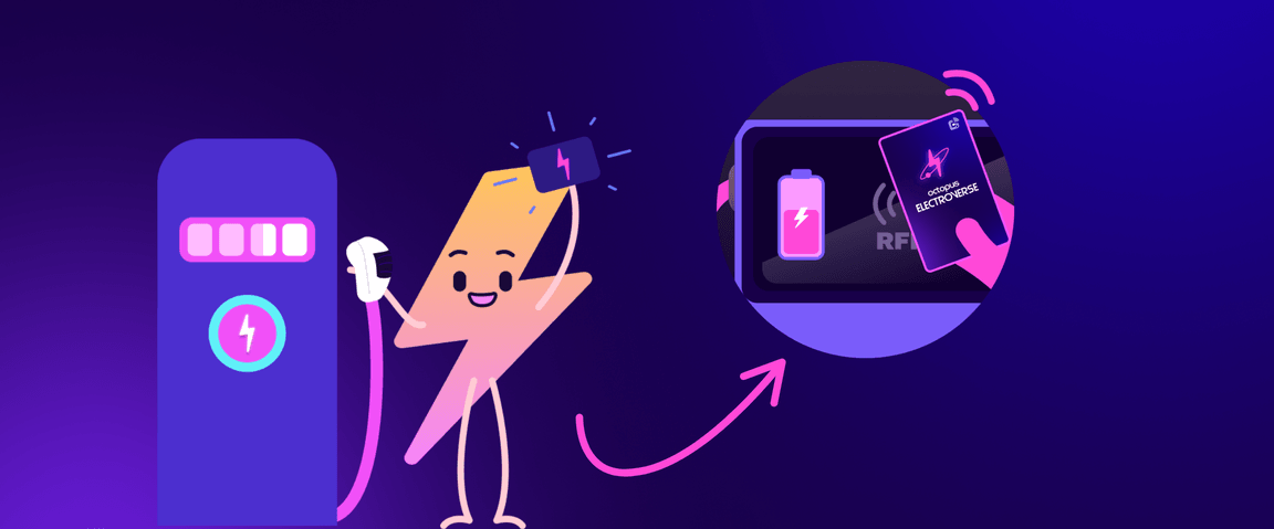 Cartoon lightning bolt character charging at a station, holding a card. Inset shows an RFID card being tapped on a device with a battery icon.