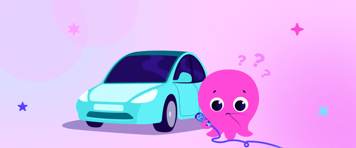 Pink octopus puzzled with electric car charging cable on a pastel background with stars.