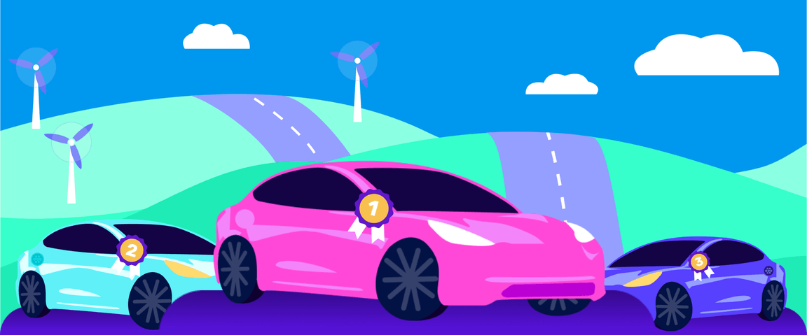 Drei Elektroautos auf Podesten mit Rosetten für den ersten, zweiten und dritten Platz. Im Hintergrund grüne Hügel mit Windkraftanlagen, blauer Himmel und Wolken.