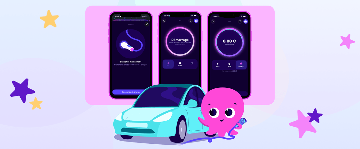 Trois écrans de smartphone affichent une application de recharge ; une adorable pieuvre rose tient une prise à côté d'une voiture bleue, avec des étoiles en arrière-plan.