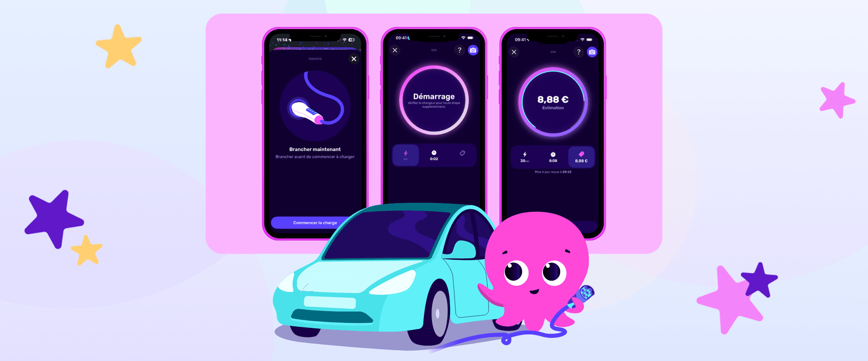 Trois écrans de smartphone affichent une application de recharge ; une adorable pieuvre rose tient une prise à côté d'une voiture bleue, avec des étoiles en arrière-plan.
