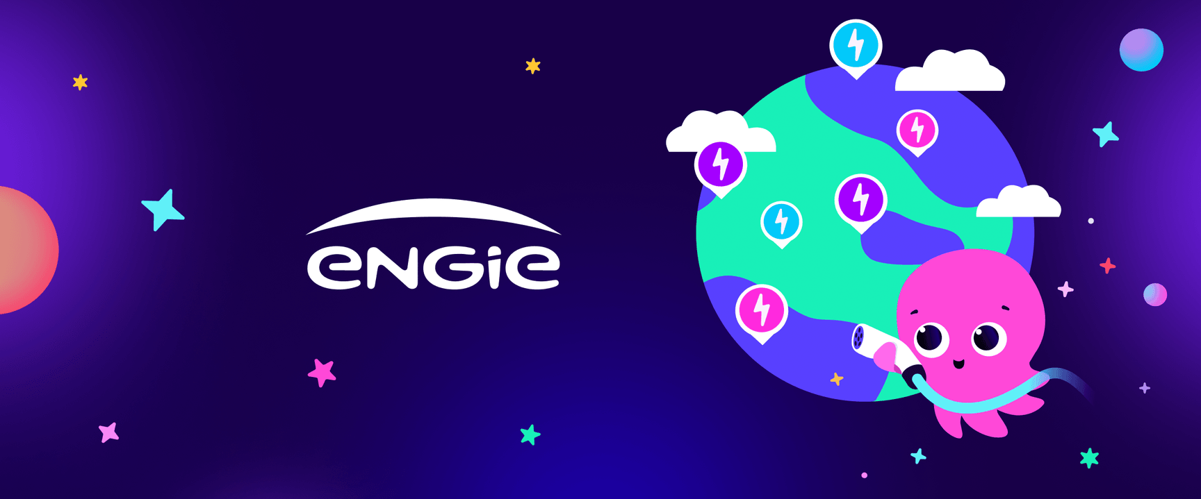Une adorable pieuvre munie d'un câble de recharge flotte près d'un globe terrestre orné d'icônes en forme d'éclair ; le logo « ENGIE » sur un fond sombre étoilé.