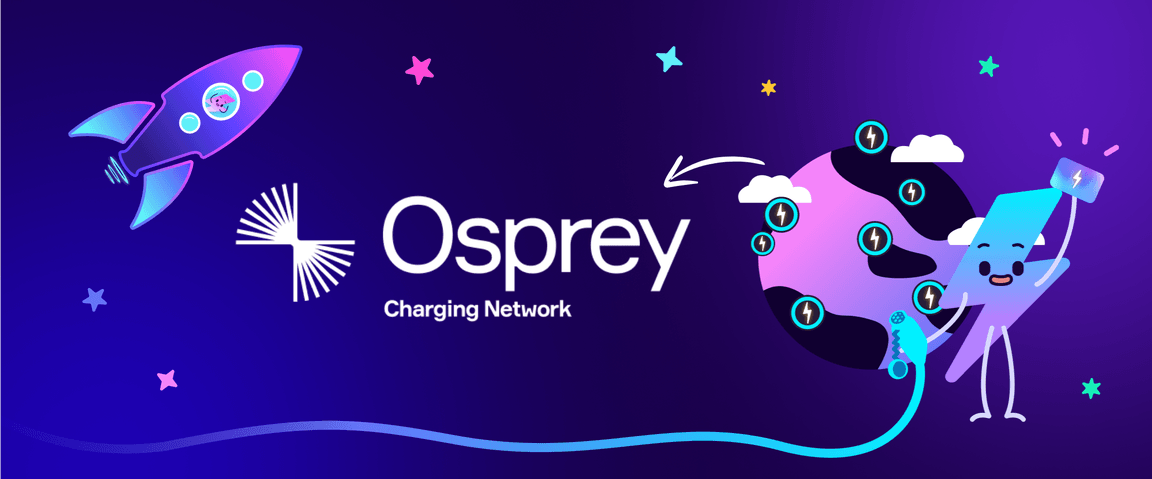 Illustration of a smiling character charging a globe with electric icons, next to a rocket, stars, and the text "Osprey Charging Network."
